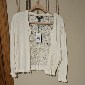 DKNY Cream Open-Front Cardigan with Crochet Back